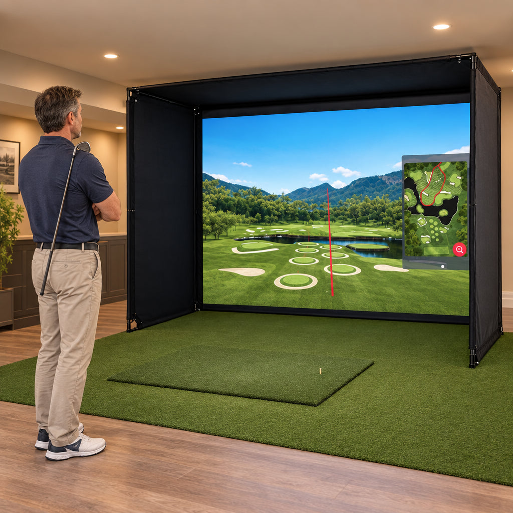 Golf Simulator Enclosure Built for, man standing just outside the enclosure with arms loosely crossed
