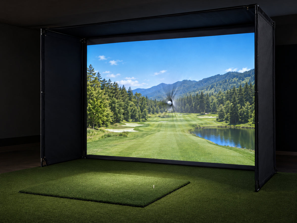 Golf Simulator Enclosure Built for, golf ball caught by the camera at the instant of contact with the screen