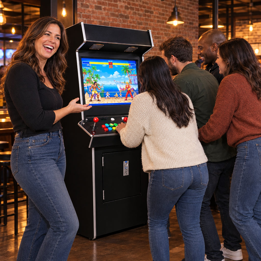 Upright Arcade Machine Built for, woman laughing and gesturing toward the cabinet while four people play around her