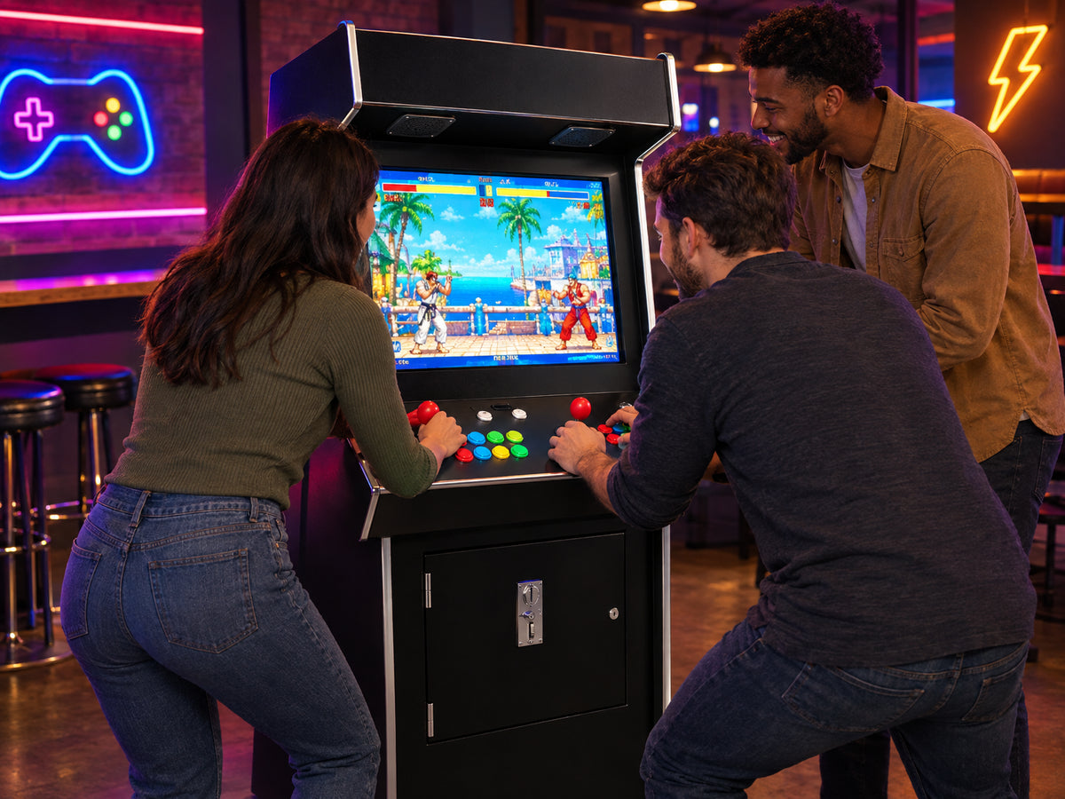 Upright Arcade Machine Built for, three adults mid-game, leaning in with hands on controls, one watching over their shoulder