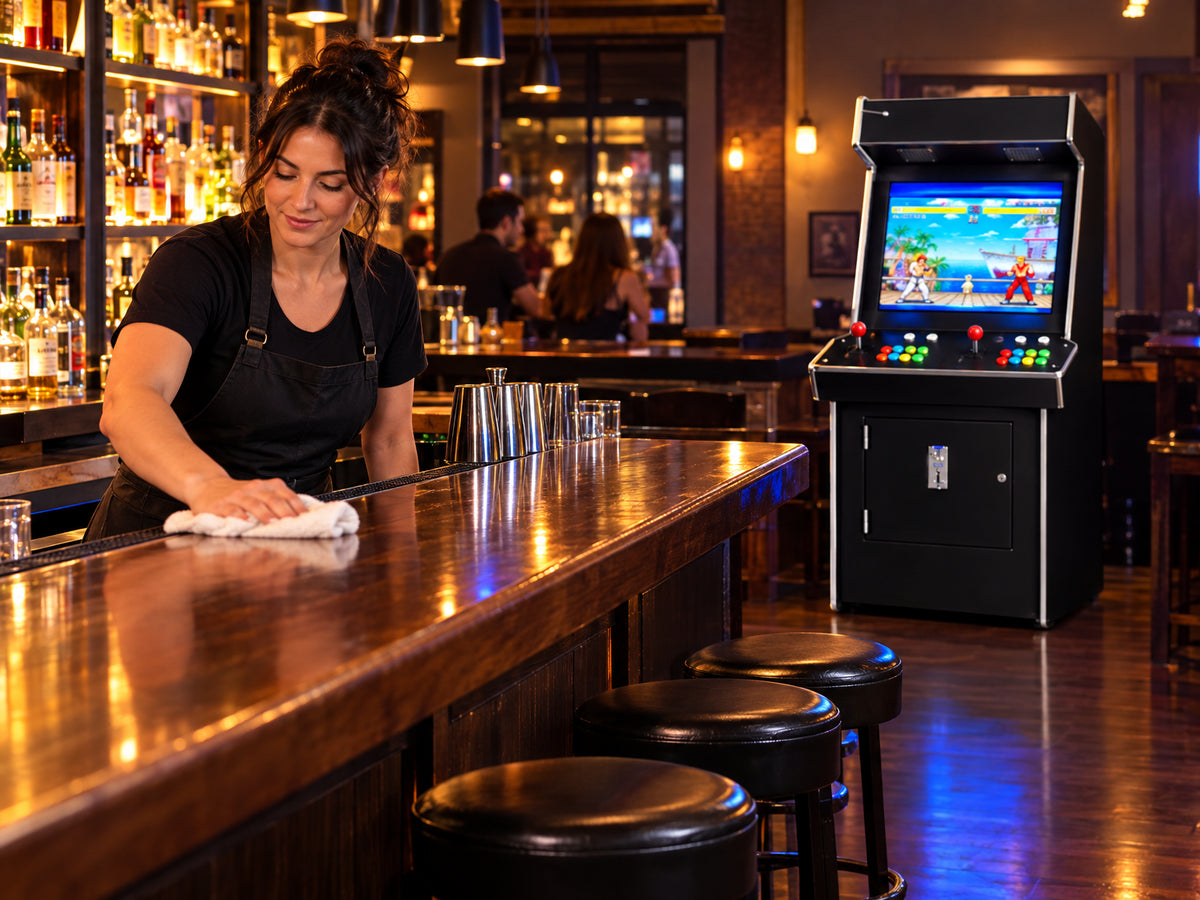 Upright Arcade Machine Built for, bartender wiping down the counter nearby while the cabinet glows steadily in the background