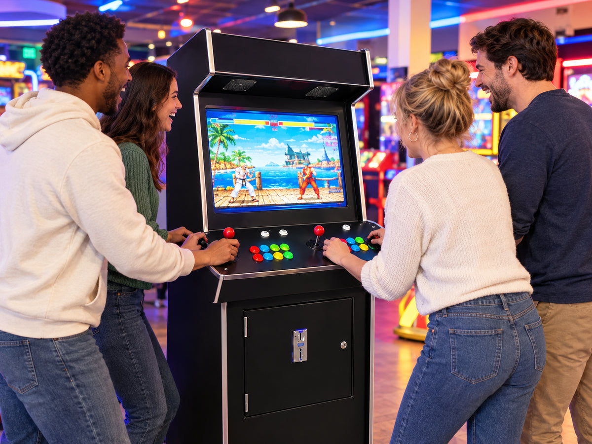 Upright Arcade Machine Built for, four people each gripping their own set of controls, laughing and reacting to the screen