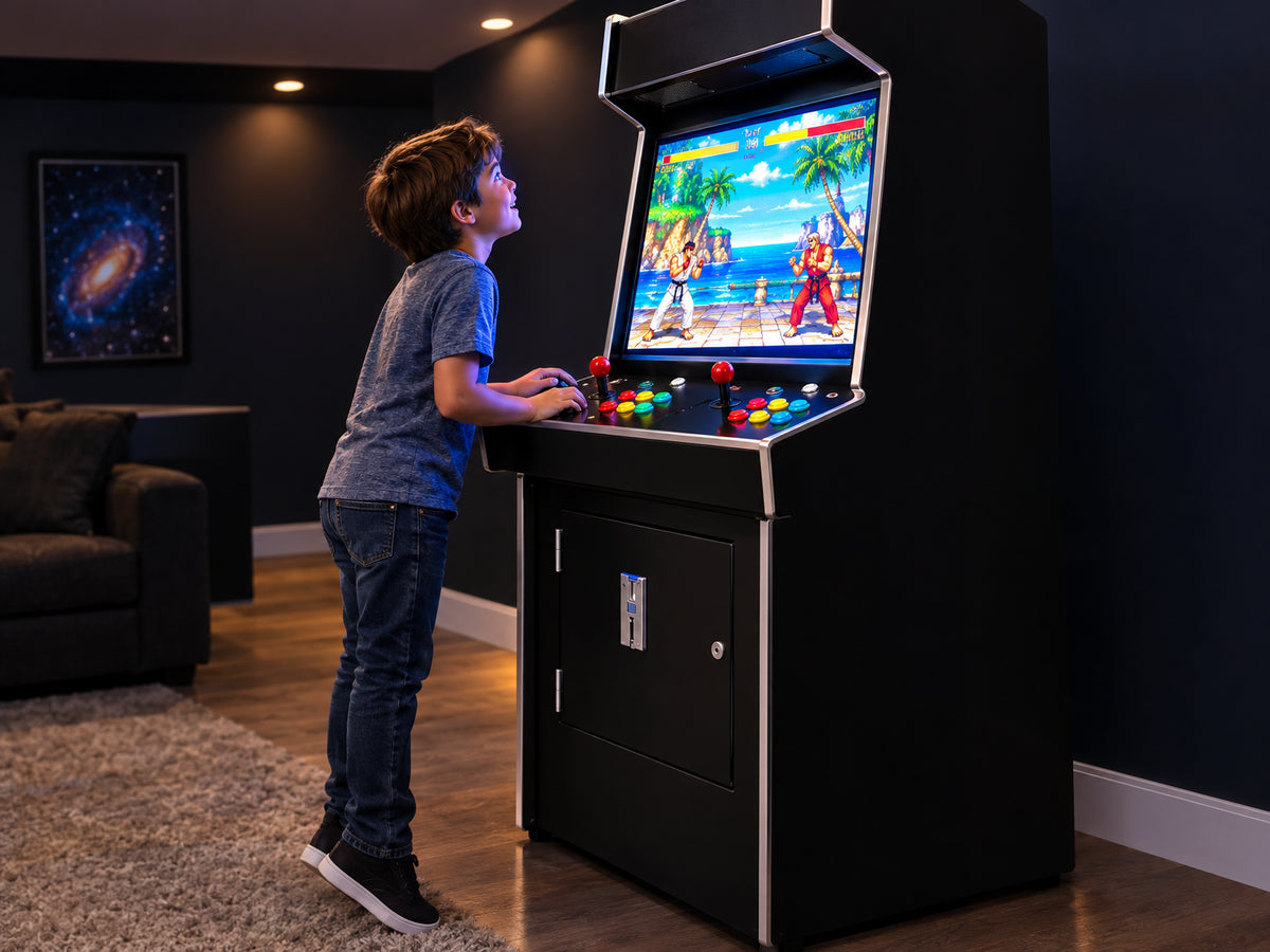 Upright Arcade Machine Built for, a child standing on tiptoe, face tilted up toward the large glowing screen, eyes wide