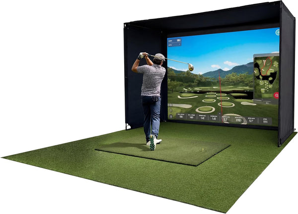Golf Simulator Enclosure Built for Indoor Practice, Impact Screen, Full Netting, Aluminum Frame, 8-12 Ft Sizes