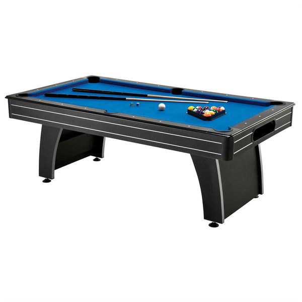 Pool Table Built for Game Room Entertainment, 7ft Blue Polyester Surface, Ball Return System, Complete Cue Set