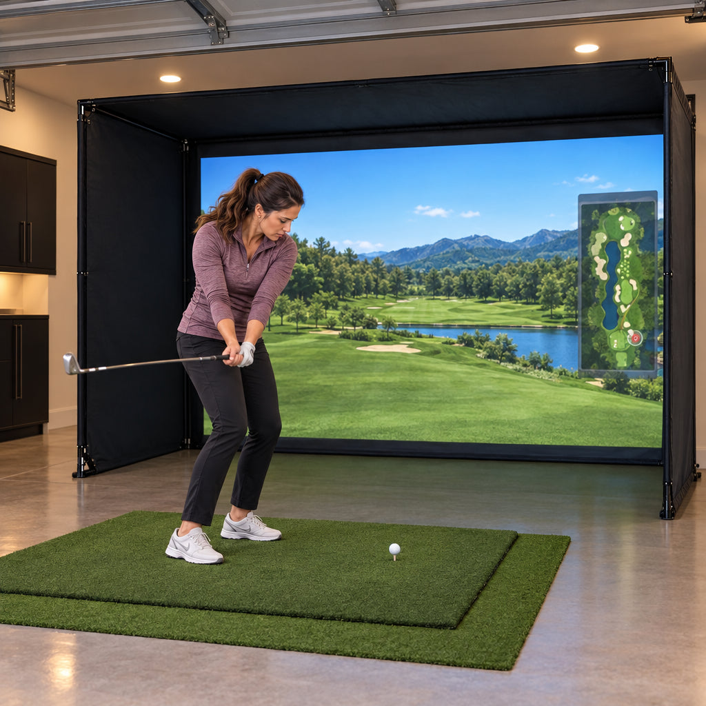 Golf Simulator Enclosure Built for, woman mid-downswing with a 7-iron, eyes locked on the ball position, garage simulator bay
