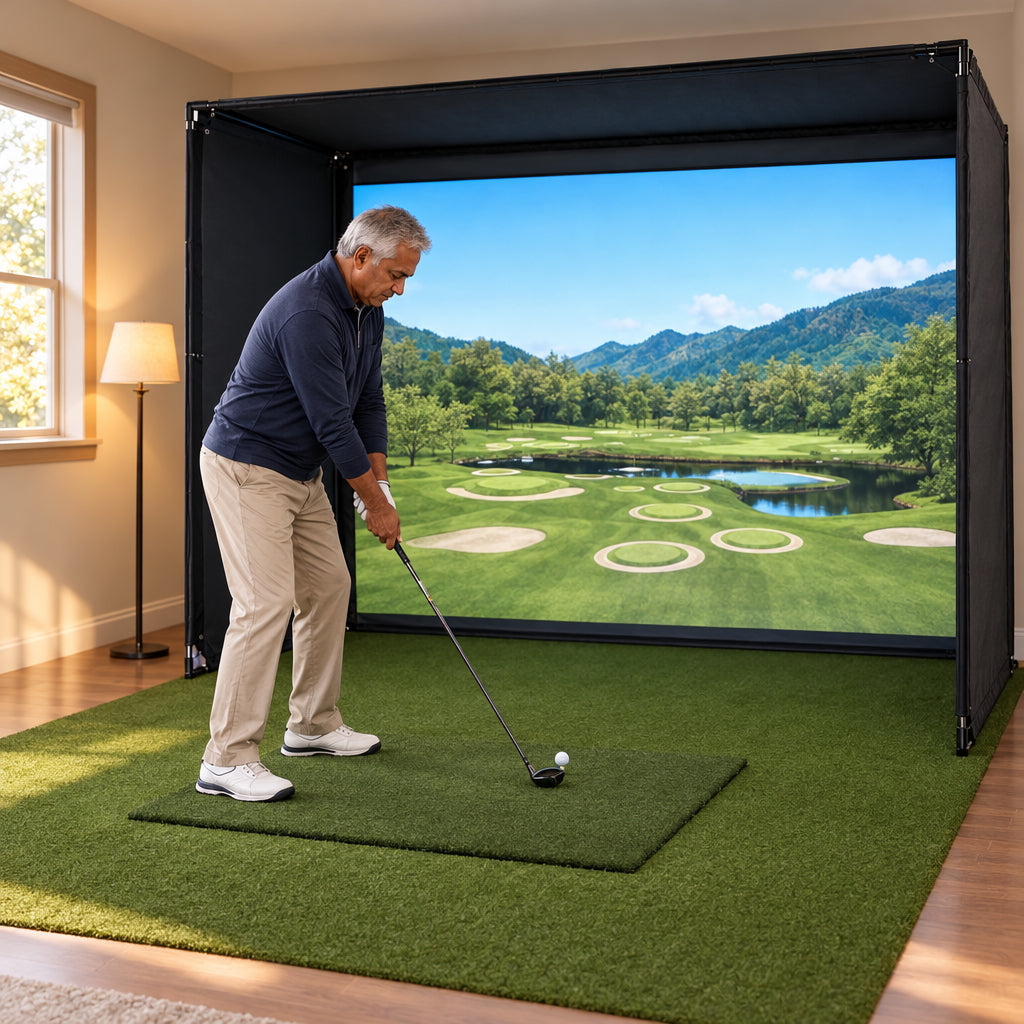 Golf Simulator Enclosure Built for, older man at address position, club gripped and posture set