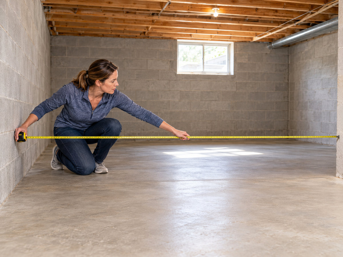 Golf Simulator Enclosure Built for, woman crouching and stretching a tape measure across the width of a basement room