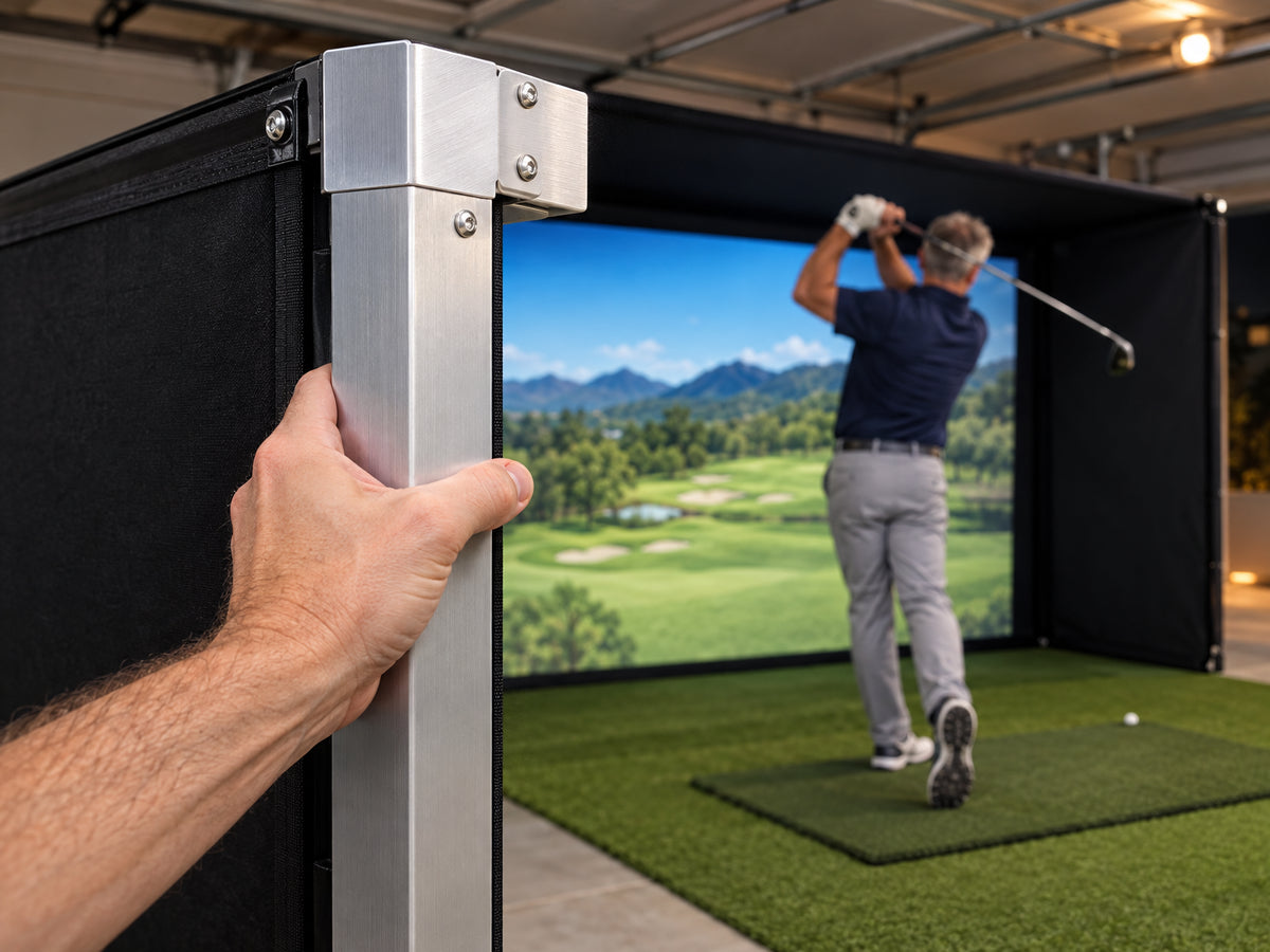Golf Simulator Enclosure Built for, close view of a corner joint of the aluminum frame
