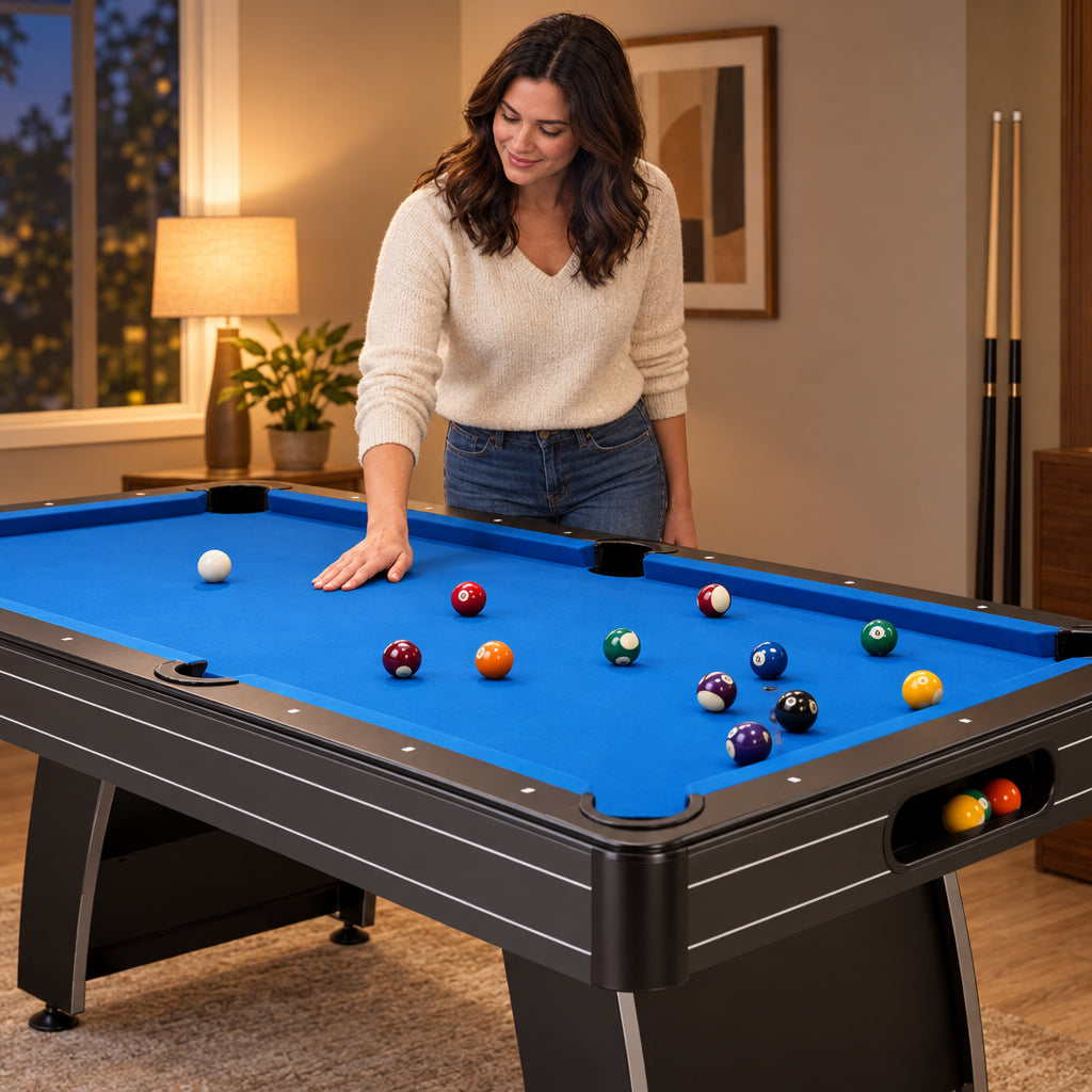 Pool Table Built, a woman running her palm slowly along the blue felt surface