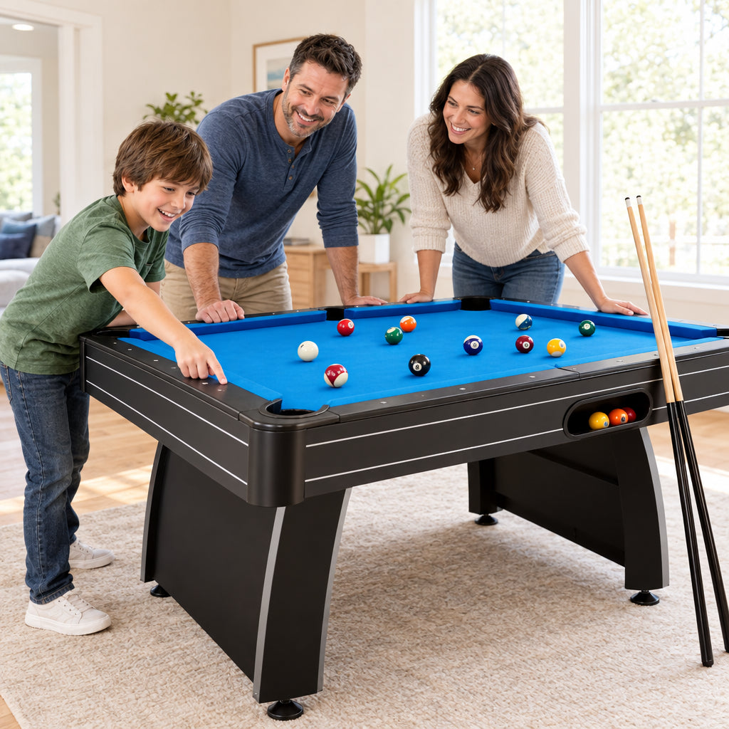 Pool Table Built, a couple and a child leaning over opposite sides of the table