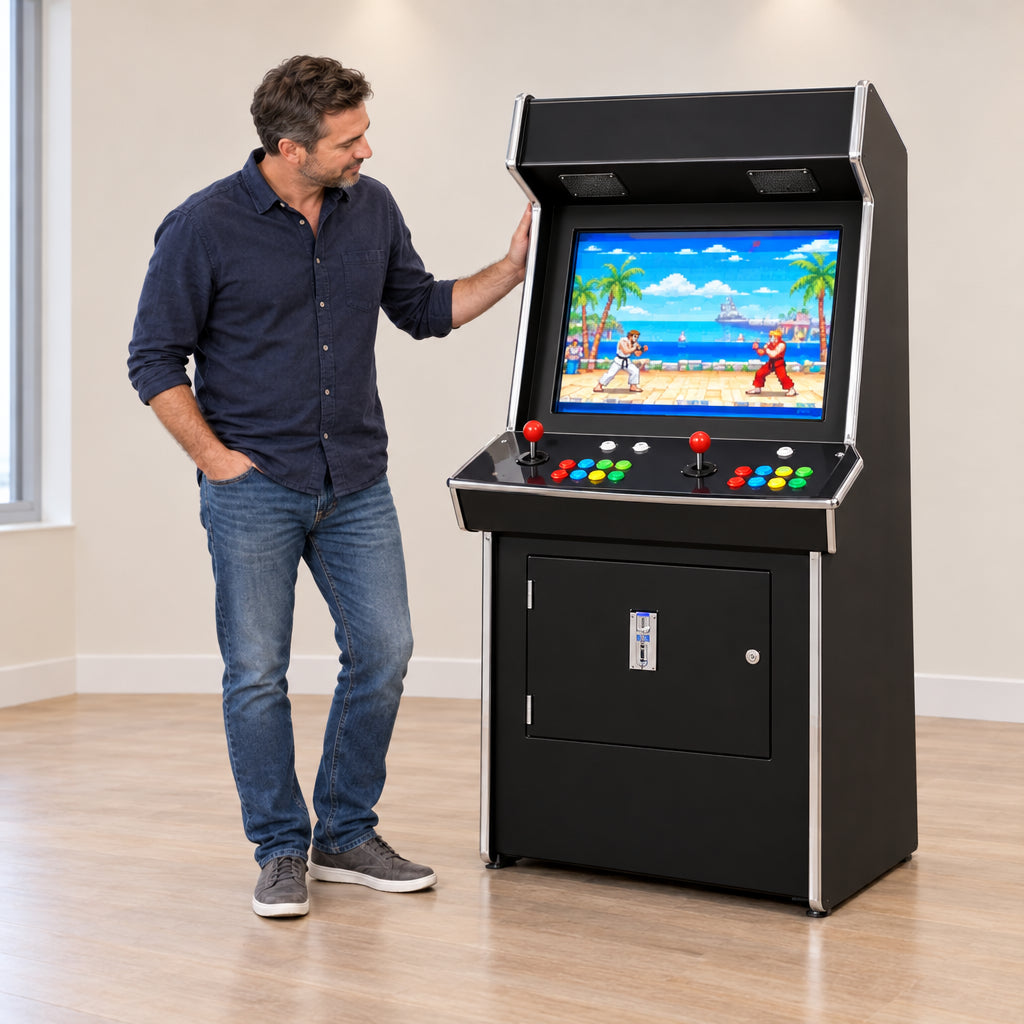 Upright Arcade Machine Built for, man standing in front of the cabinet with one hand resting on the side panel