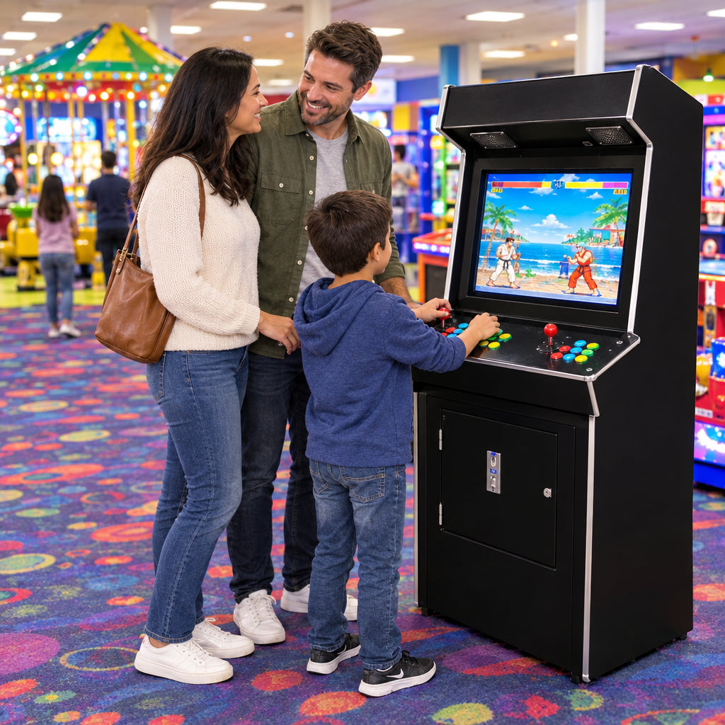 Upright Arcade Machine Built for, couple and a child standing together in front of the cabinet