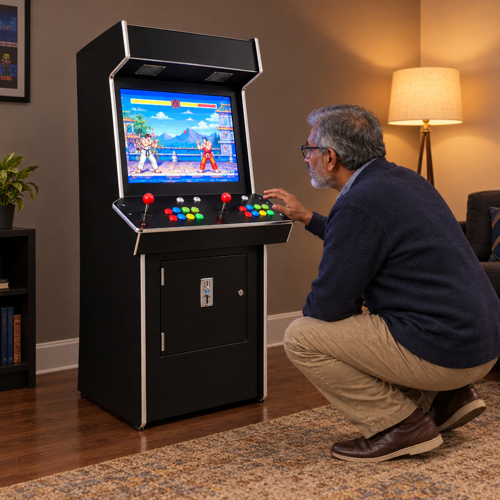 Upright Arcade Machine Built for, older man crouching slightly to inspect the control panel up close