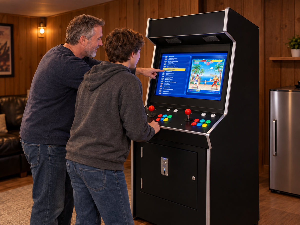 Upright Arcade Machine Built for, an older man and a teenage boy scrolling through game selections on the screen