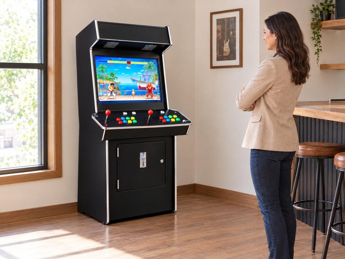 Upright Arcade Machine Built for, a woman in business casual standing with arms crossed