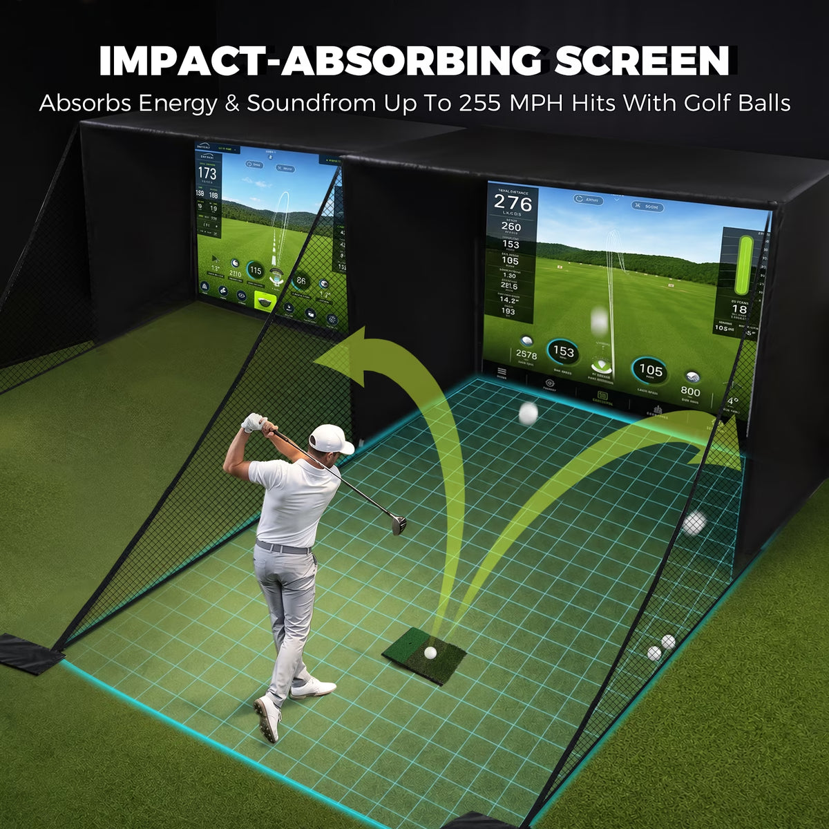 10X8 Ft Golf Simulator Enclosure Complete Kit with Alloy Steel Frame and HD Impact Screen Indoor Garage Home Golf Training Cage Equipment
