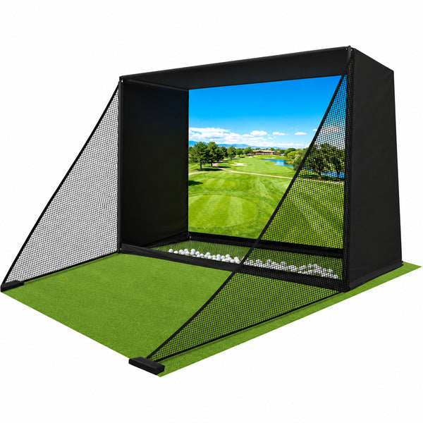 Golf Simulator Enclosure Net 10X8Ft Golf Practice Simulator with HD Impact Screen Kit & Sturdy EPE Foam-Filled Frame Golfs Cage Net with Safety Side Nets for Home Indoor Setup