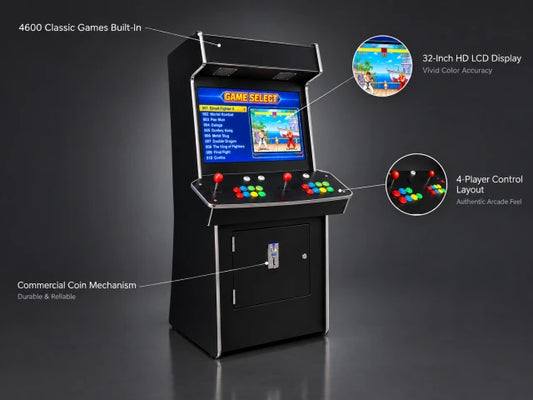 Full Size Commercial Grade Upright Standup Arcade Machine 4 Player 4600 Classic Games 32 Inch Screen Black — Feature Infographic